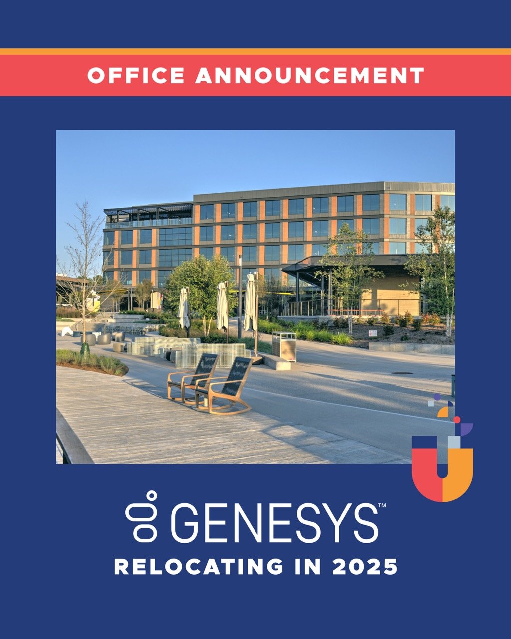 Horseshoe at Hub RTP, future home of Genesys’ regional office in 2025. A modern office building with an outdoor terrace and scenic landscaping.