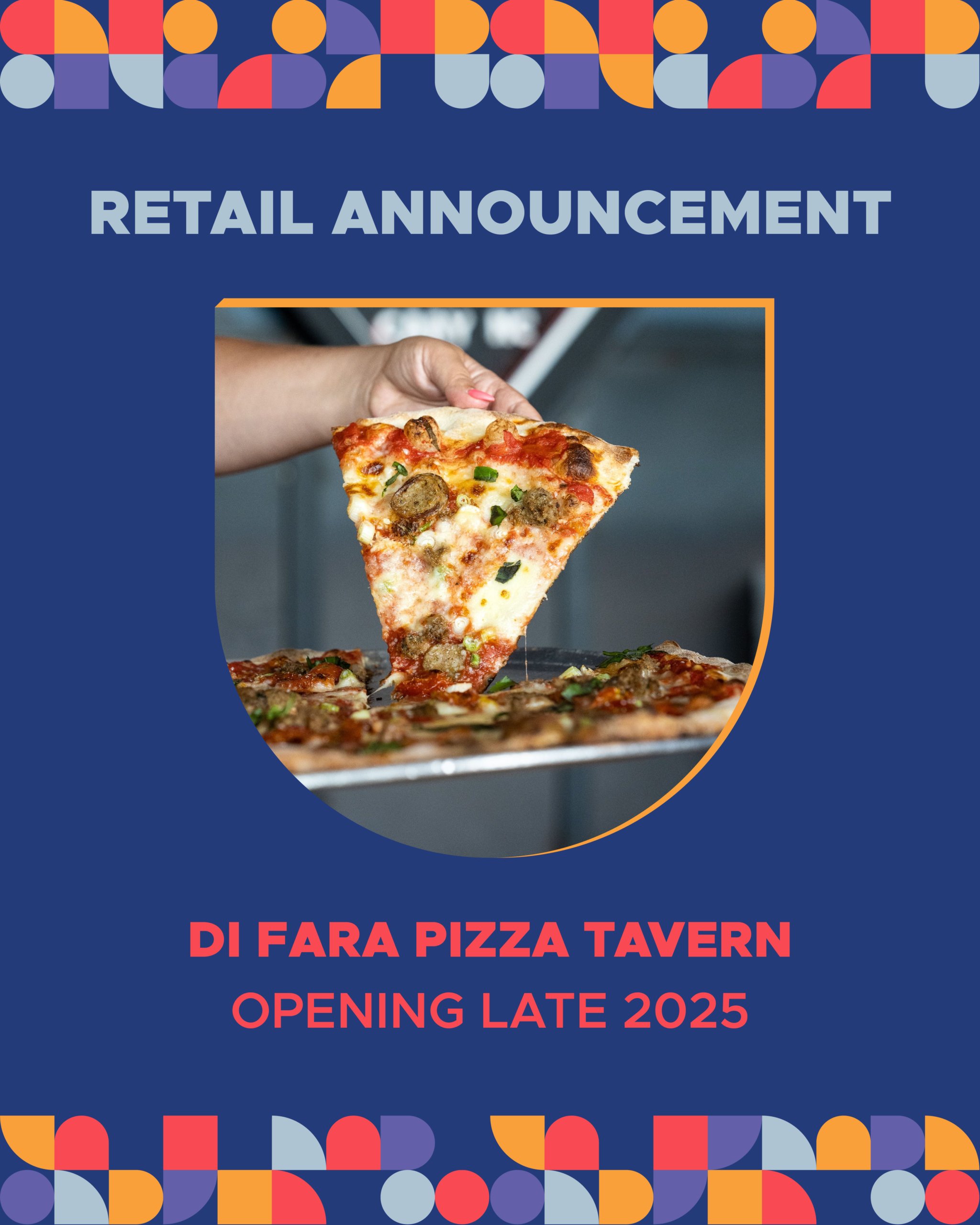 Hand holding a slice of New York-style pizza from Di Fara Pizza Tavern, coming to Horseshoe at Hub RTP in late 2025.